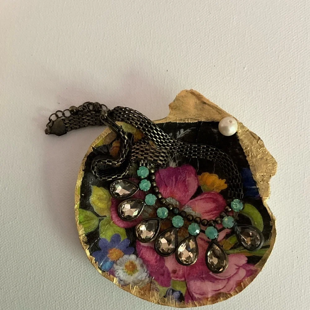 Scalloped Clam Shell Jewelry Dish Gold Leaf Decoupaged